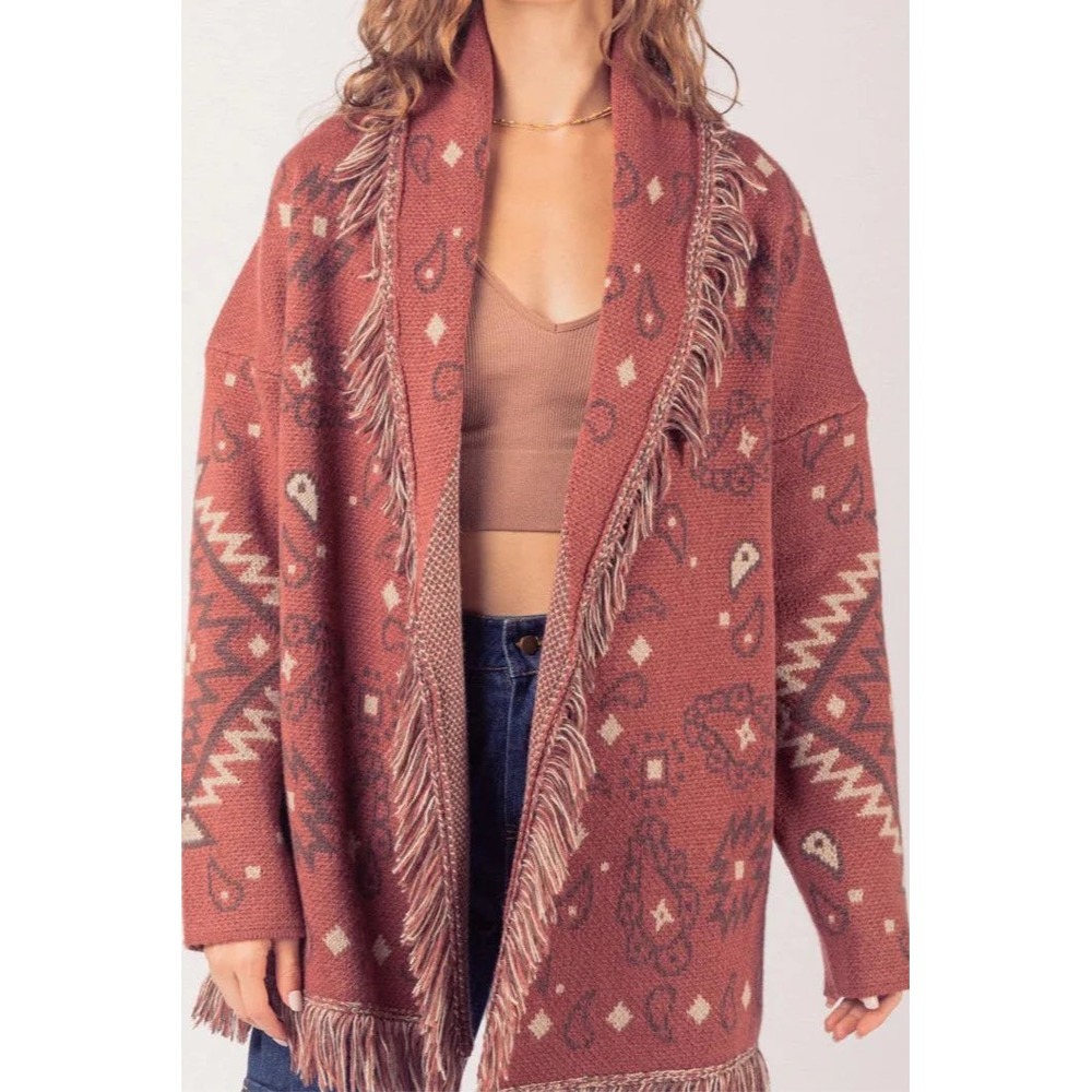 New In Southwestern Fringe Cardigan Rust Orange Aztec Paisley Boho Sweater M xx - Picture 2 of 8